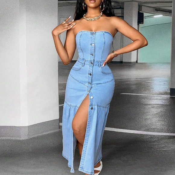 Light Wash Casual Womens Button Front Tube Denim Dress - Picture 2 of 5